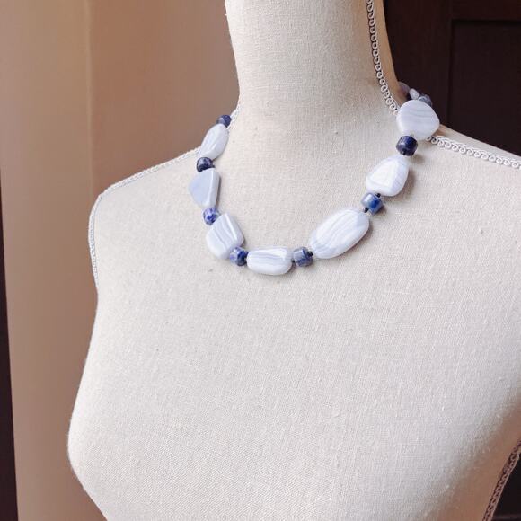 Signed Mine Finds By Jay King Blue Lace Agate Lapis Lazuli 925 Gemstone Necklace - Picture 2 of 13